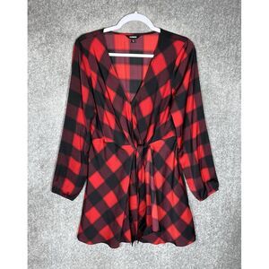 Express‎ Buffalo Plaid Dress Womens Size Medium Red Black Faux Wrap Long Sleeve